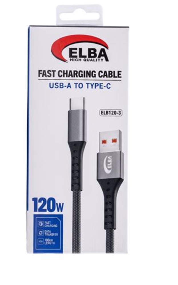 Elba Elb120-3 120w   USBC Type-c To Usb 1Mt Siyah Örgülü  Şarj Kablosu ( Data Veri )