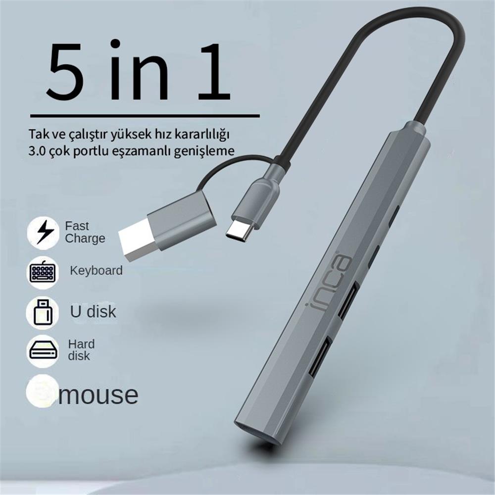 Inca IUTP-06TX 5in1 USB 3.0 + 2xUSB 2.0+Type-C+PD 100W USB+Type-C Çoklayıcı 3.0 ile 5 Gbps
